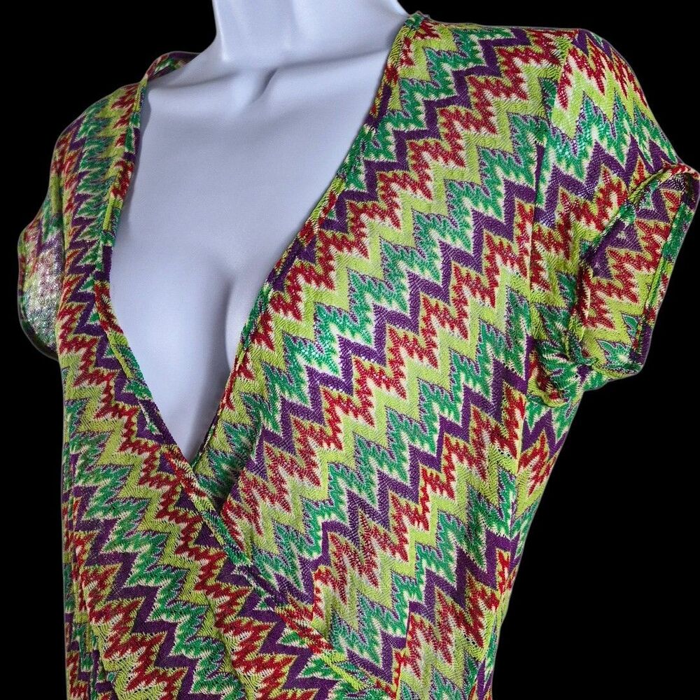 Exact 12 Neon Sz M Zig Zag Knit Top Bold Green Faux Wrap V Neck Boho Festival - Picture 5 of 10